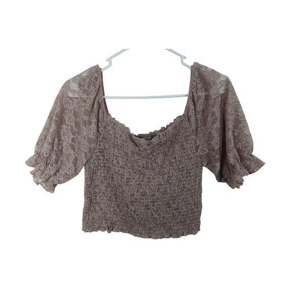 Active USA Tops - Active USA Blouse Womens Medium Pink Lace Puff Sleeve Square Neck Crop Top